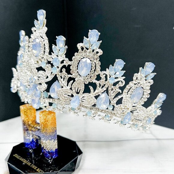 Flower Gemstone Crown, Silver bridal crown, Blue floral crown, Goddess crown main image 6